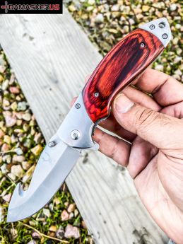 TheBoneEdge 8.5" Spring Assisted Folding Knife Red Wood Handle With Belt Clip