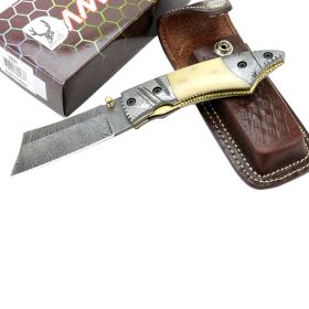 TheBoneEdge 7.5" Damascus Blade Folding Knife Horn Handle Handmade with Sheath