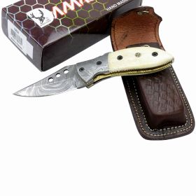 TheBoneEdge 7" Damascus Blade Folding Knives Horn Handle Handmade with Sheath