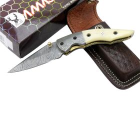 TheBoneEdge 7" Damascus Blade Folding Knives Horn Handle Handmade with Sheath