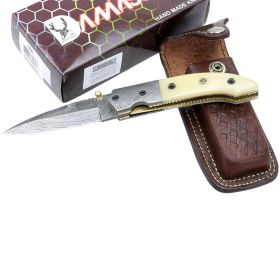 TheBoneEdge 7.5" Damascus Blade Folding Knife Horn Handle Handmade with Sheath