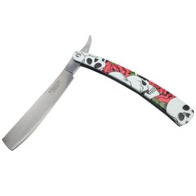 Defender-Xtreme 10" Straight Razor Skull Red Rose Folding Knife 3CR13 Stainless