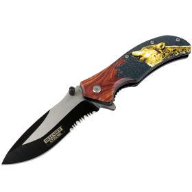 Defender-Xtreme 8.5" Dire Wolf Wood Color Handle Spring Assisted Folding Knife