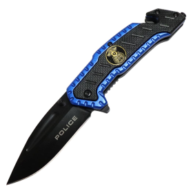 7 5/8"  Blue & Black Spring Assisted Folding Knife Heavy Duty Steel New w/ Police Logo