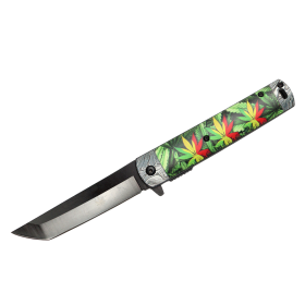 8" Leaves Design Handle Black Blade Spring Assisted Folding Knife