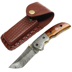 TheBoneEdge 7" Damascus Blade Folding Knife Wood Handle With Damascus Bolster