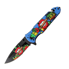 8.5" Lips Design Blue Handle Spring Assisted Folding Knife W/ Belt Cutter