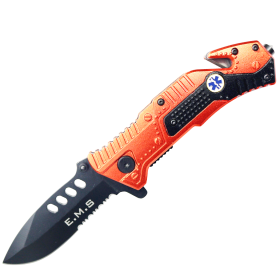 8"  Black Finished Blade Orange & Black Aluminum Handle Spring Assisted Folding Knife With Belt Cutter