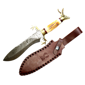 TheBoneEdge 13.5" Horn Handle Deer Head Damascus Blade Hunting Knives W/ Leather Sheath