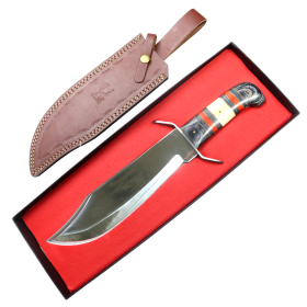 TheBoneEdge 15" Full Tang Red Black Wood & Horn Handle Brass Clip Hunting Bowie Knife With Sheath