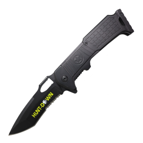 Hunt-Down 9" All Black Serrated Blade Spring Assisted Folding Knife With Belt Clip