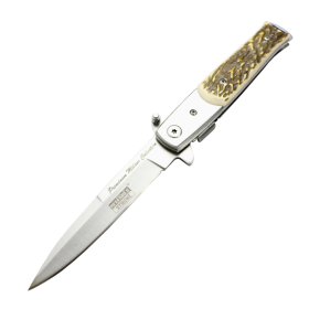 Defender-Xtreme 9" Spring Assisted Folding Knife Derlin Stag Handle Stain Bolster With Belt Clip