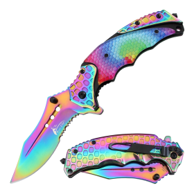 TheBoneEdge 8.5" All Rainbow Color Serrated Blade Spring Assisted Folding Knife With Belt Cutter & Clip