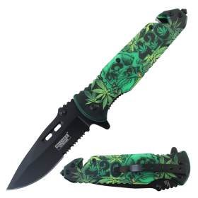 Defender-Xtreme 8.5" Skull Pattern Handle Spring Assisted Folding Knife With Belt Cutter & Glass Breaker