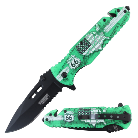 Defender-Xtreme 8.5" USA Flag Pattern Handle Spring Assisted Folding Knife With Belt Cutter & Glass Breaker