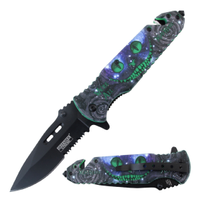 Defender-Xtreme 8.5" Alien Pattern Handle Spring Assisted Folding Knife With Belt Cutter & Glass Breaker