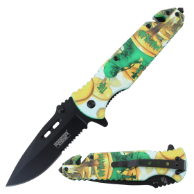 Defender-Xtreme 8.5" Wonderland Pattern Handle Spring Assisted Folding Knife With Belt Cutter & Glass Breaker