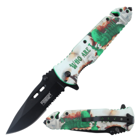 Defender-Xtreme 8.5" Smoke Pattern Handle Spring Assisted Folding Knife With Belt Cutter & Glass Breaker