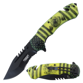 Defender-Xtreme 8.5" Bear Pattern Handle Spring Assisted Folding Knife With Belt Cutter & Glass Breaker