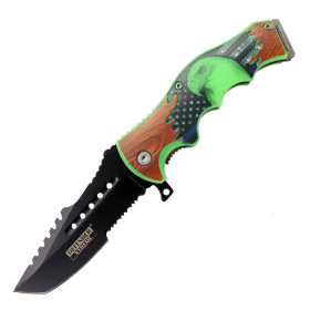 Defender-Xtreme 8.5" Eagle Design Handle Spring Assisted Folding Knife With Belt Cutter