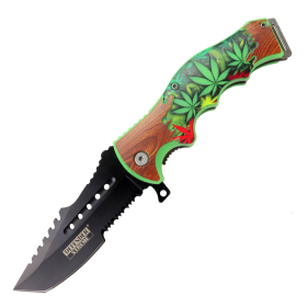 Defender-Xtreme 8.5" Leaf Design Handle Spring Assisted Folding Knife With Belt Cutter