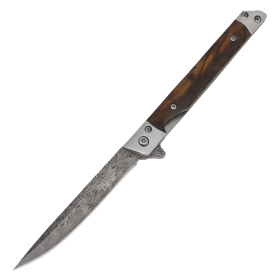 Defender-Xtreme 8" Laser Stripe Finish Blade Wood Handle Ball Baring Folding Knife With Leather Sheath