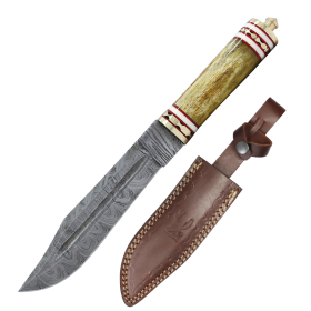 TheBoneEdge 13" Yellow & Brown Bone Handle Damascus Blade Hunting Knife With Leather Sheath