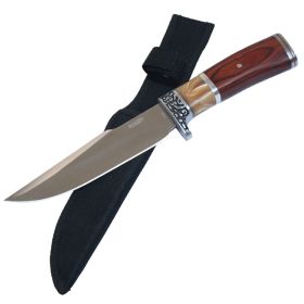 10.5" Hunting Knife Silver Stainless Steel Wood Handle with Sheath