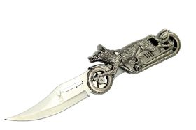 7.5" BoneEdge Folding Knife w/ Wolf Motorcycle Handle