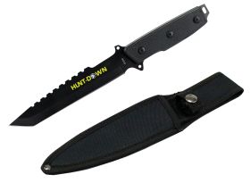 12" Hunt-Down All Black Tanto Blade Hunting Knife Ridged Edge with Nylon Sheath