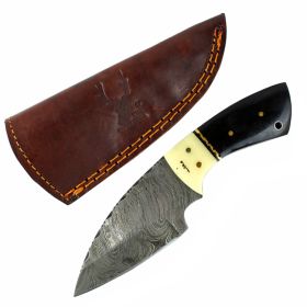 TheBoneEdge 7" Damascus Fixed Blade Full Tang  Black Horn & Bone Handle Knife