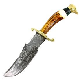 TheBoneEdge 8.5" Damascus Blade Hunting Sharp Knife Real Stag Handle Leather Sheath