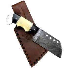 Hunt-Down 8.5" Full Tang Damascus Blade Horn Handle Hunting Knife with Sheath