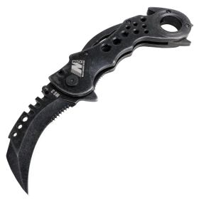 MACK 7.5" Karambit Style Spring Assisted Folding Knife Stone Wash All Black