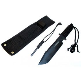 11" All Black Full Tang Hunting Knife With Fire Starter & Sheath