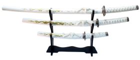 3 Pc White Dragon Design Samurai Katana Swords Set with Stand