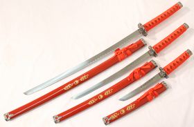 3 Pc Red Katana Ying Yang symbol Sword Set 