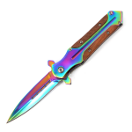 8" All Rainbow Color & Wood Strap Handle Spring Assisted Folding Knife With Belt Clip