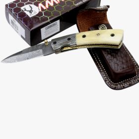 TheBoneEdge 7" Damascus Blade Folding Knives Horn Handle Handmade with Sheath