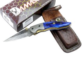 TheBoneEdge 7.5" Damascus Blade Folding Knife Blue Horn Handle Handmade Sheath