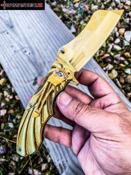 Hunt-Down 7" Gold Color Stainless Steel Spring Assisted knives With Belt Clip