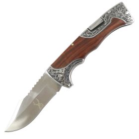 TheBoneEdge Wood Handle Engraved Design 9" Folding Knife 3CR13 Stainless Steel