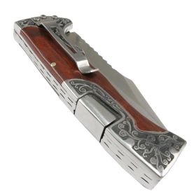 TheBoneEdge Wood Handle Engraved Design 9" Folding Knife 3CR13 Stainless Steel