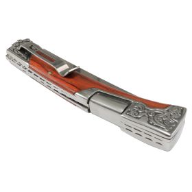 TheBoneEdge Red Rosewood Handle Engraved Design 9" Folding Knife 3CR13 Steel