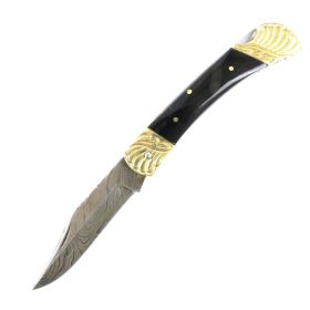 8.5" Damascus Blade Folding Knife Black Color Wood Handle hand made with Sheath