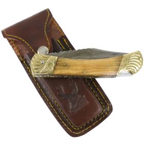 TheBoneEdge 8" Damascus Blade Folding Knife Wood Gold trim hand made with Sheath