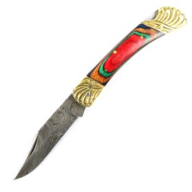 8.5" Damascus Blade Folding Knife Mlti Color Wood Handle hand made with Sheath