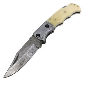 TheBoneEdge 6.5" Damascus Blade Folding Knife White Handle With Leather Sheath