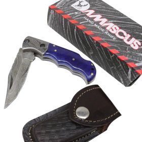 TheBoneEdge 6.5" Damascus Blade Folding Knife Blue Handle With Leather Sheath