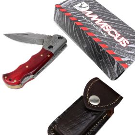 TheBoneEdge 6.5" Damascus Blade Folding Knife Red Handle With Leather Sheath